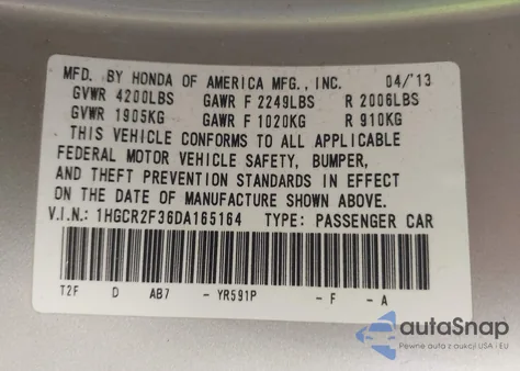 2013 Honda Accord Lx z USA, uszkodzony, nr VIN 1HGCR2F36DA165164